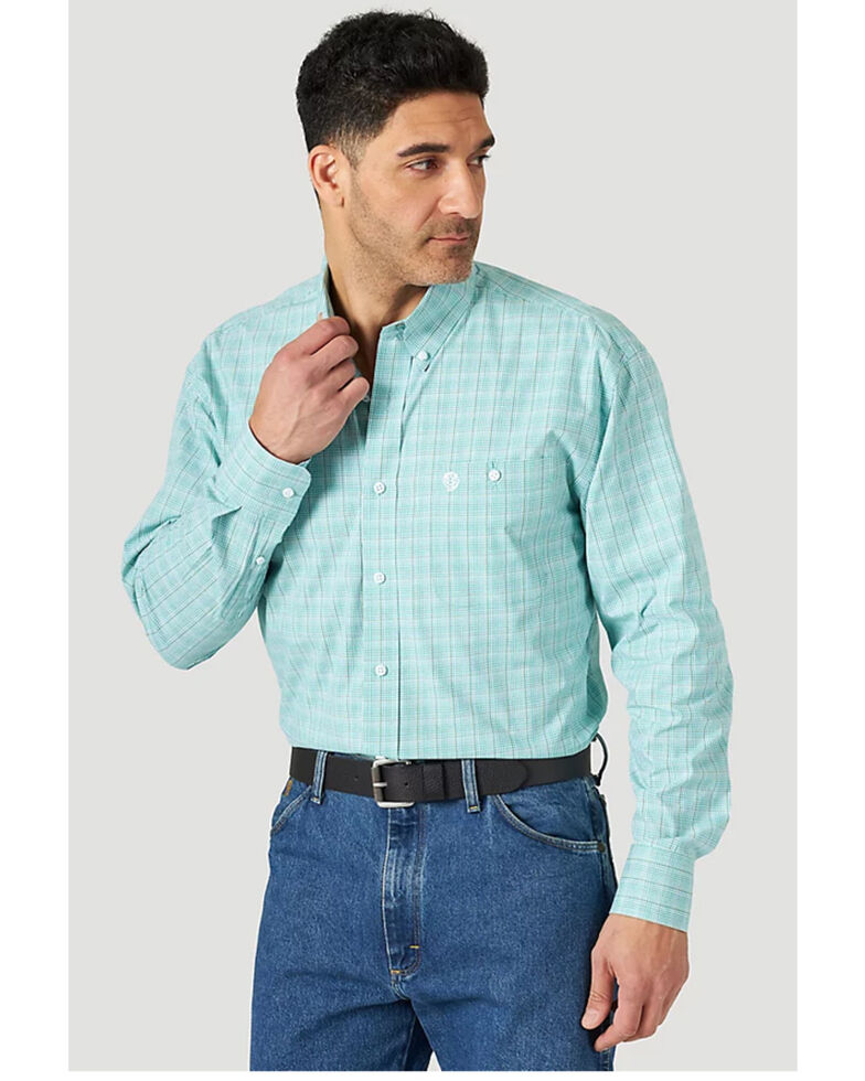 George Strait By Wrangler Men's Plaid Long Sleeve Button-Down Western Shirt , Turquoise, hi-res