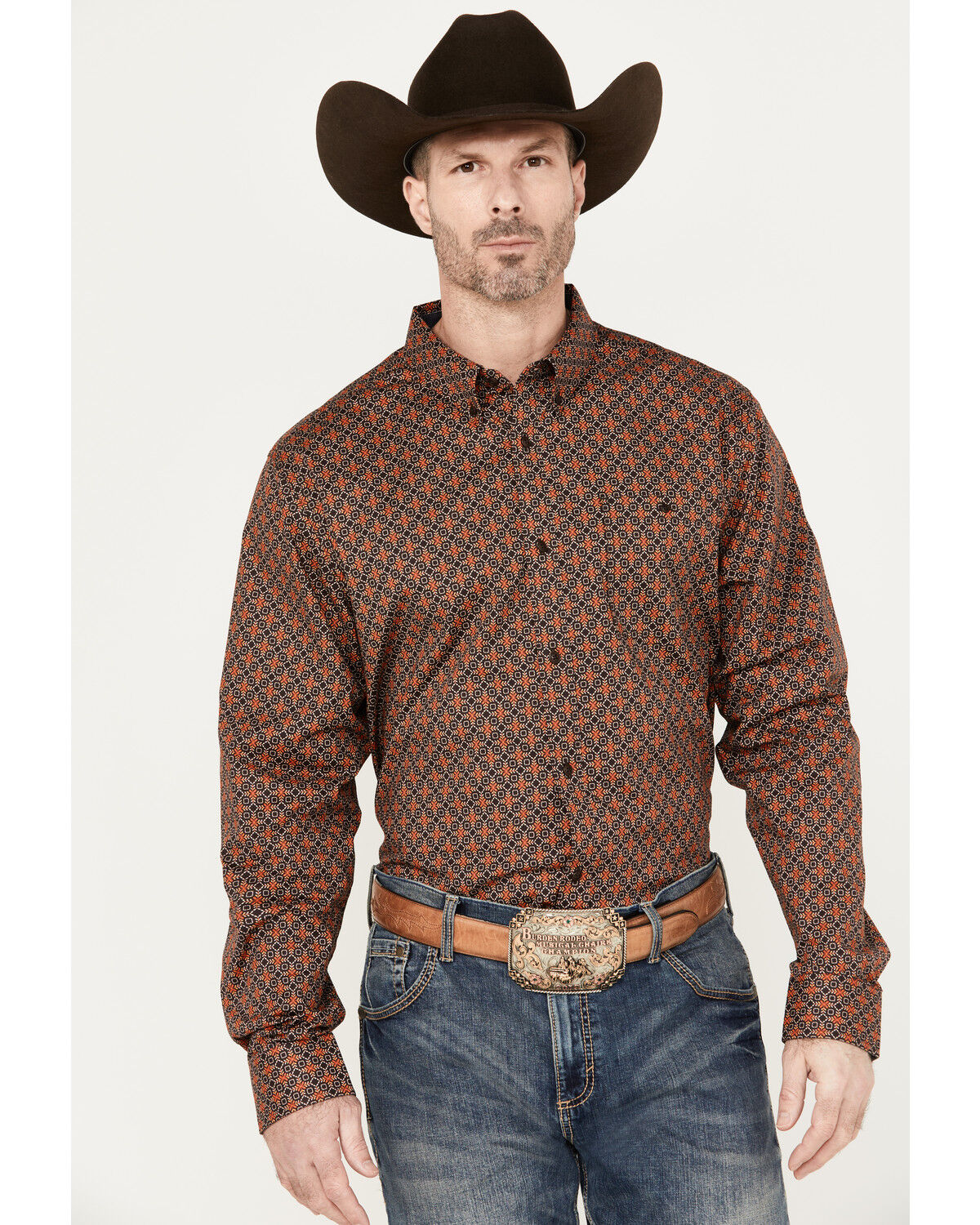 Image #1 - RANK 45® Men's Floral Medallion Print Long Sleeve Button-Down Western Shirt, Coffee, hi-res