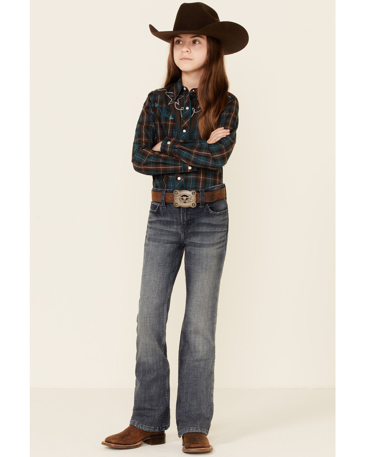Image #2 - Roper Girls' Windowpane Plaid Print Fancy Yoke Long Sleeve Pearl Snap Western Shirt, Brown, hi-res