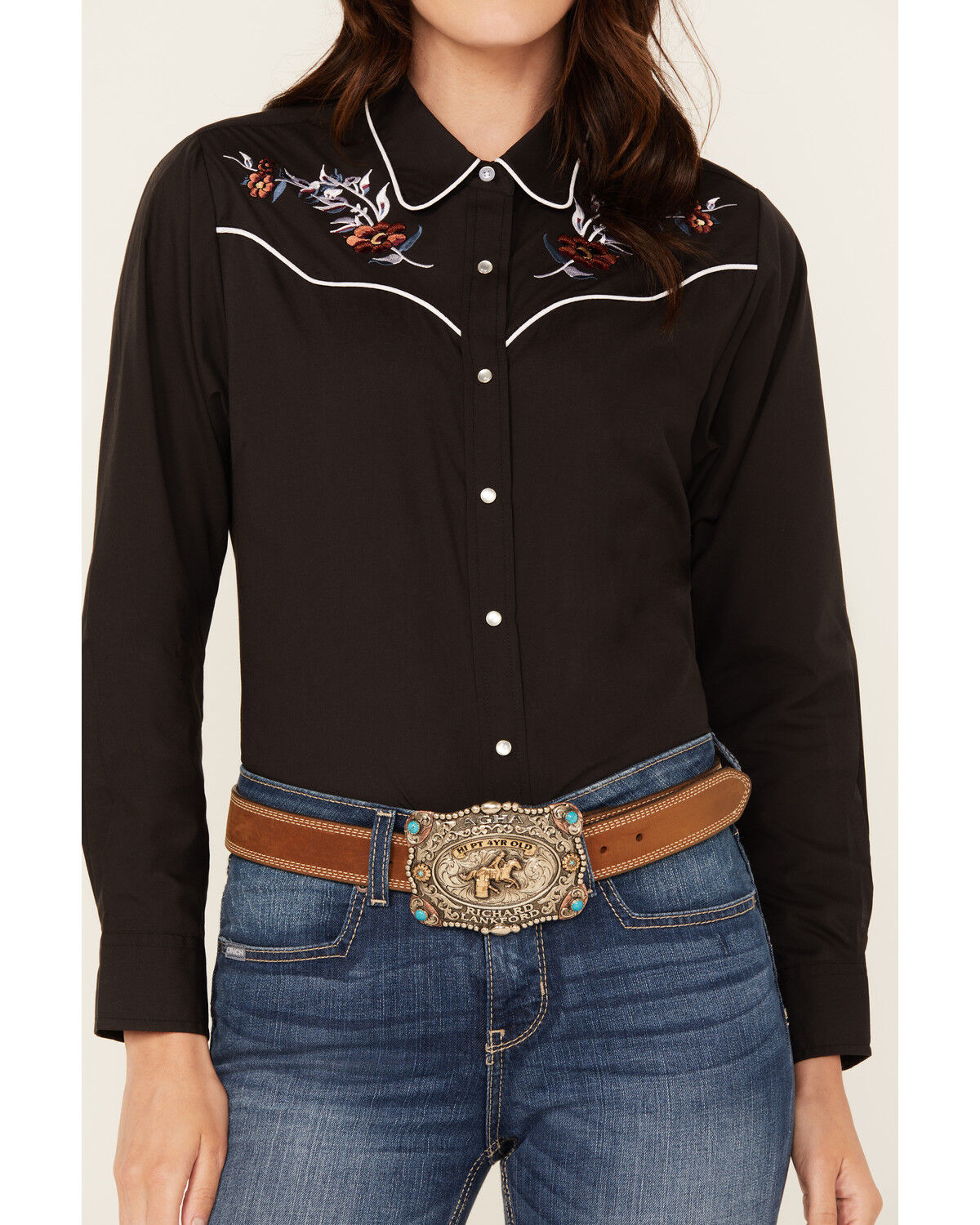 Image #3 - Ely Walker Women's Floral Embroidered Long Sleeve Snap Western Shirt, Black, hi-res