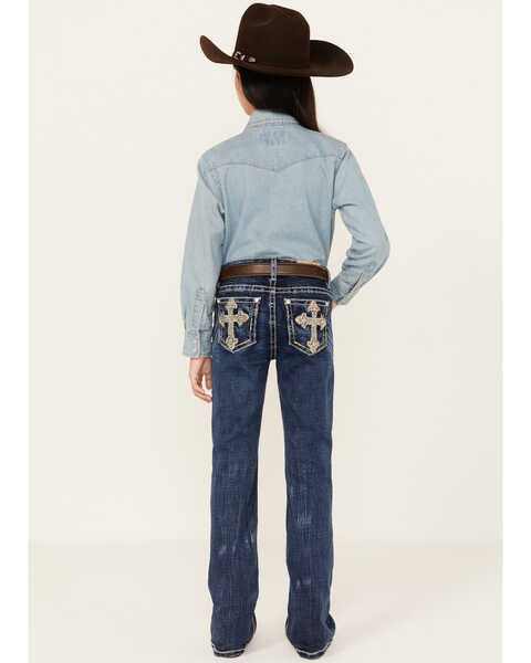 Image #3 - Miss Me Girls' Medium Wash Cross Embroidered Stretch Bootcut Jeans, Dark Blue, hi-res