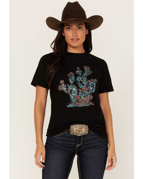 Image #1 - Bohemian Cowgirl Women's Leopard Print Cactus Graphic Tee, Black, hi-res