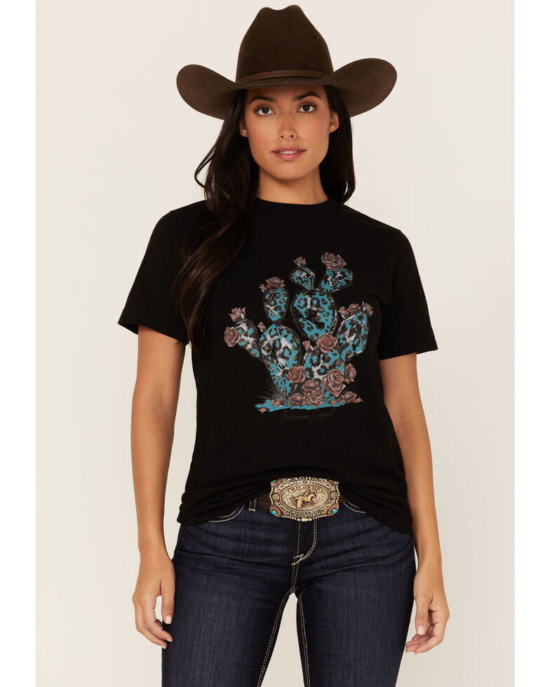 Bohemian Cowgirl Women's Leopard Print Cactus Graphic Tee, Black, hi-res