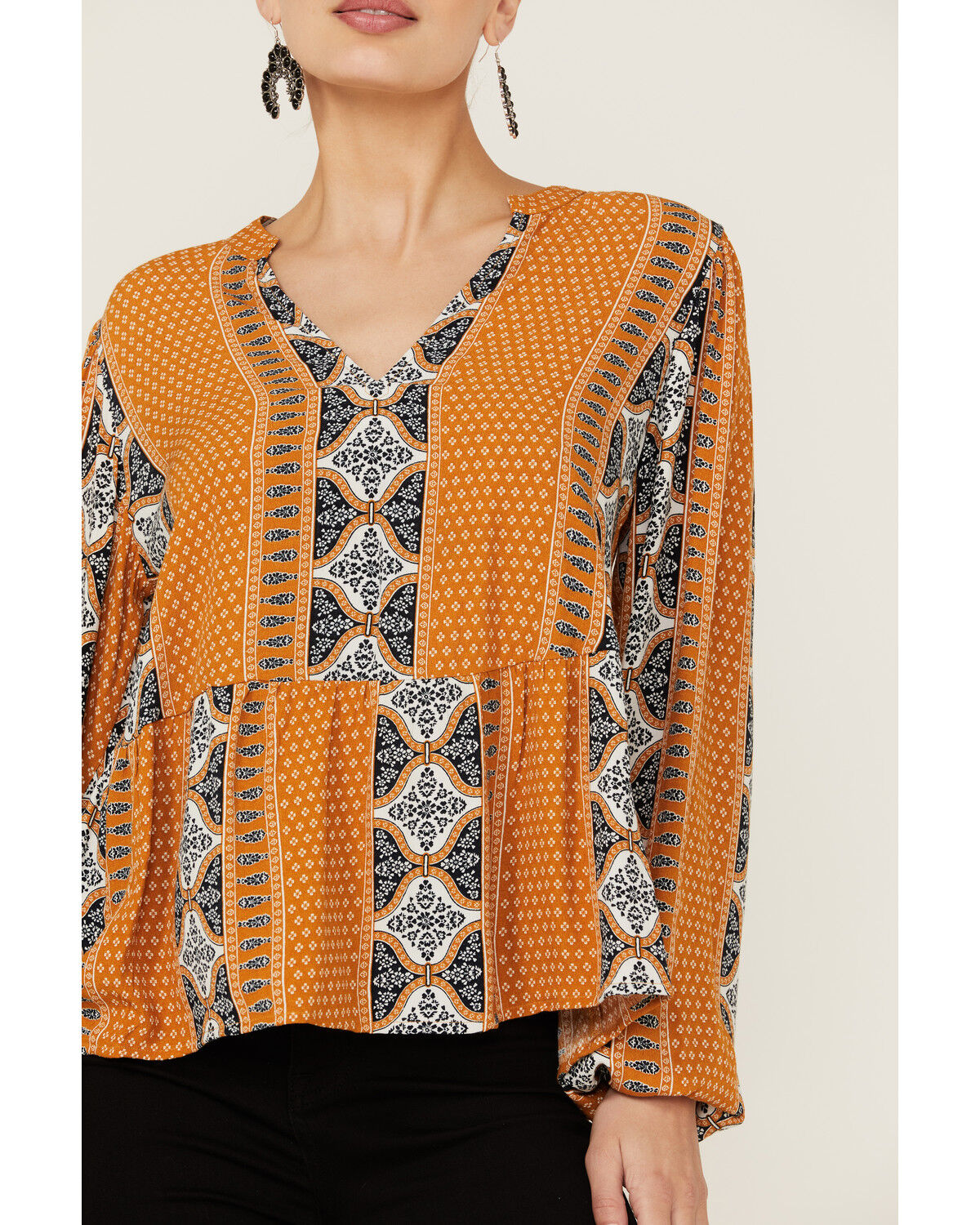 Image #2 - Wrangler Retro Women's Split Neck Peplum Print Mustard Peasant Top, Dark Yellow, hi-res