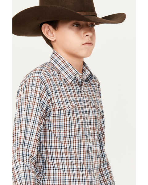 Image #2 - Wrangler Boys' Plaid Print Wrinkle Resistant Long Sleeve Pearl Snap Stretch Western Shirt, Brown, hi-res