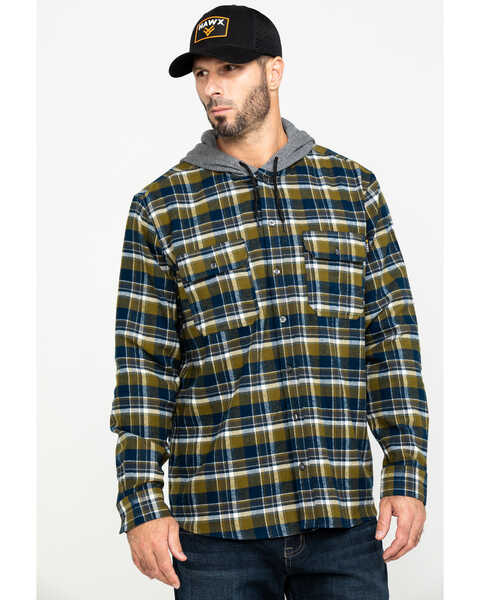 Hawx Men's Grey Hooded Flannel Shirt Work Jacket - Tall , Grey, hi-res