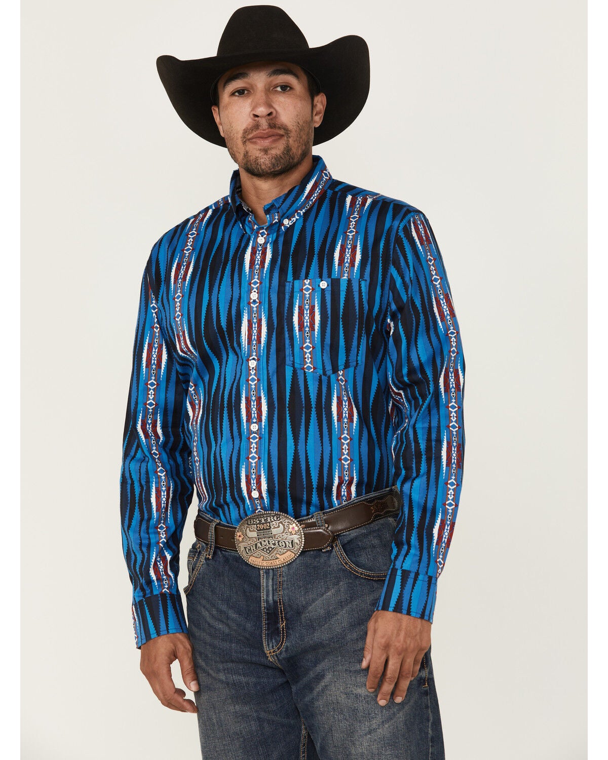 RANK 45&reg; Men's Wooden Southwestern Striped Print Long Sleeve Button-Down Stretch Western Shirt, Blue, hi-res