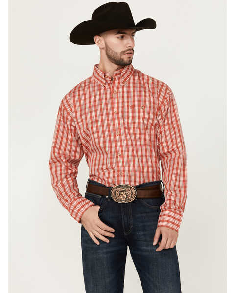 Image #1 - Wrangler Men's Classic Plaid Print Long Sleeve Button-Down Western Shirt  - Tall , Red, hi-res