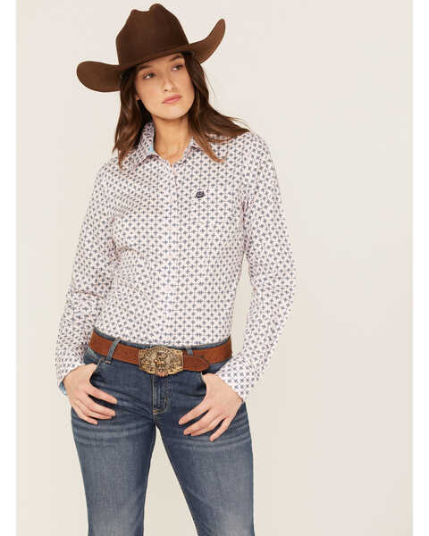 Cinch Women's Geo Print Long Sleeve Button-Down Western Shirt, Pink, hi-res