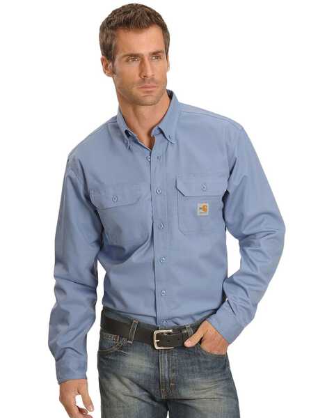 Carhartt Men's FR Solid Long Sleeve Button-Down Work Shirt, Blue, hi-res
