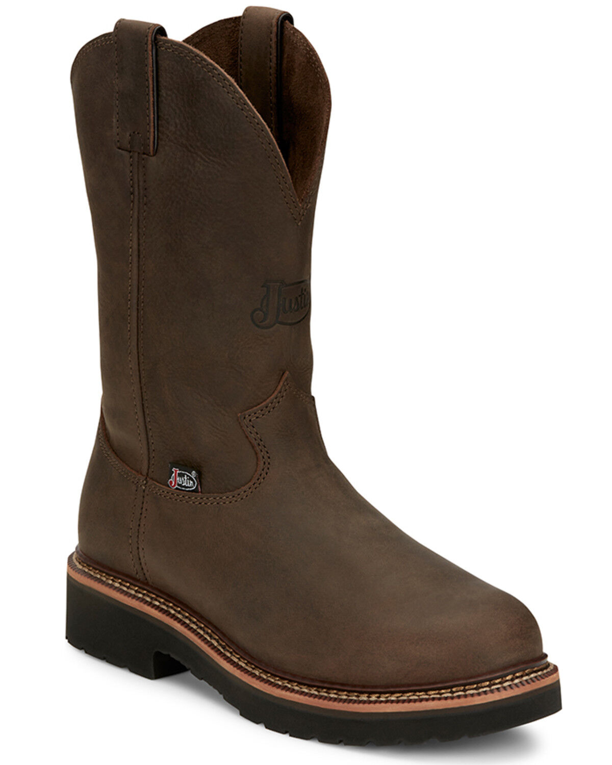 Image #1 - Justin Men's 11" Carbide Pull-On Work Boots - Soft Toe, Brown, hi-res