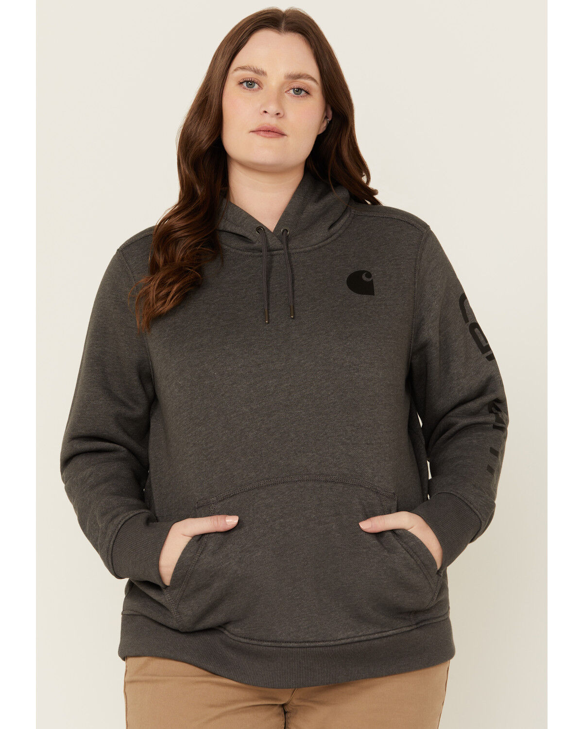 Image #1 - Carhartt Women's Relaxed Fit Midweight Logo Hooded Work Sweatshirt - Plus, Black, hi-res