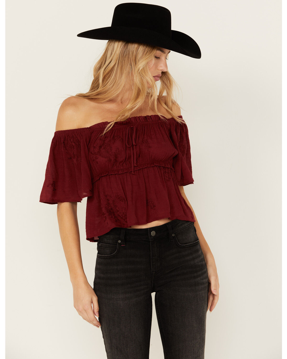 Image #1 - Wild Moss Women's Jacquard Flutter Sleeve Top, Burgundy, hi-res