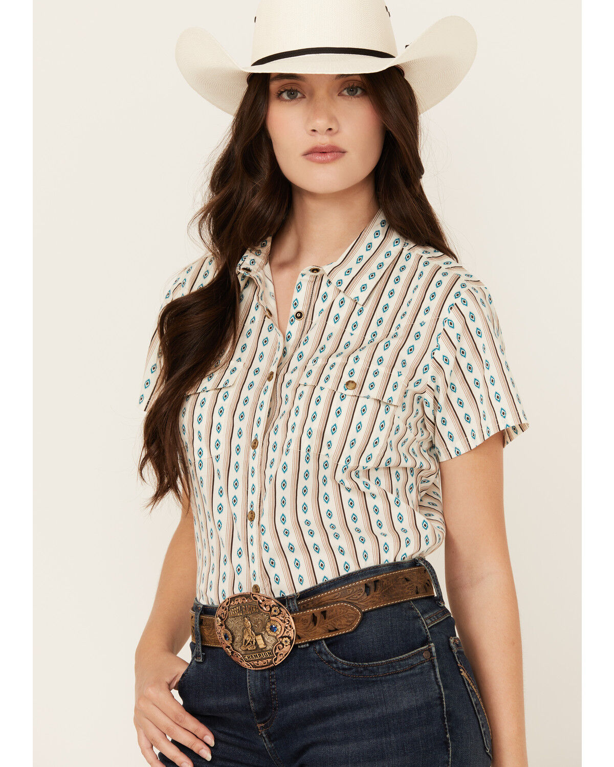 Image #2 - Shyanne Women's Southwestern Print Short Sleeve Snap Western Shirt, Cream, hi-res