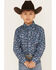 Roper Boys' West Made Southwestern Print Long Sleeve Western Pearl Snap Shirt, Blue, hi-res