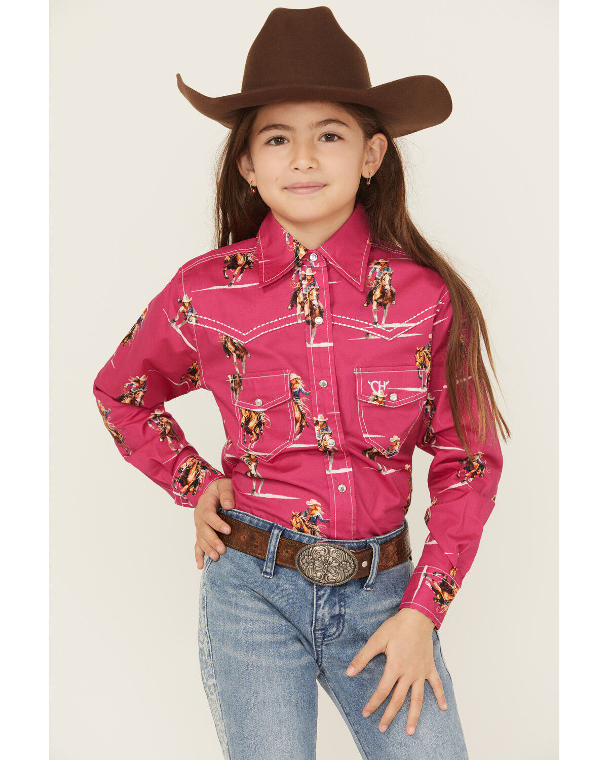 Image #1 - Cowgirl Hardware Girls' Cowgirl Print Long Sleeve Rhinestone Snap Stretch Western Shirt, Pink, hi-res