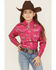 Image #1 - Cowgirl Hardware Girls' Cowgirl Print Long Sleeve Rhinestone Snap Stretch Western Shirt, Pink, hi-res