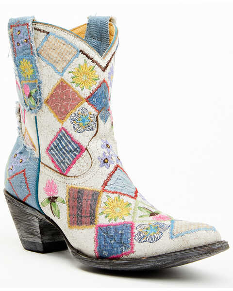 Image #1 - Yippee Ki Yay by Old Gringo Women's Heirloom Short Embroidered Patchwork Booties - Pointed Toe, White, hi-res