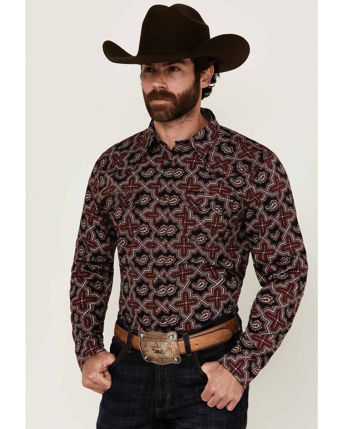 Image #1 - Cody James Men's Daybreak Geo Print Long Sleeve Snap Western Shirt - Big, Red, hi-res