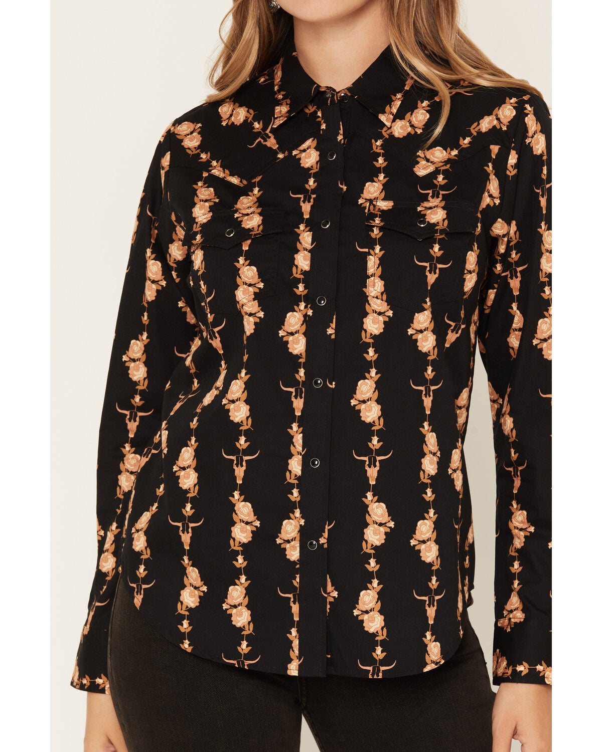 Image #3 - Ely & Walker Women's Boot Barn Exclusive Floral Striped Long Sleeve Snap Western Shirt, Black, hi-res