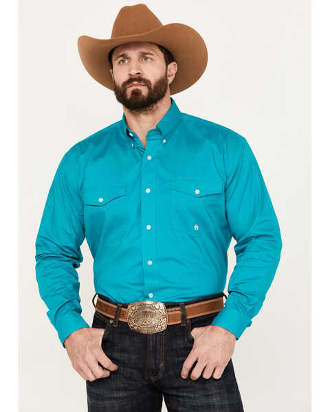 Image #1 - Roper Men's Amarillo Solid Long Sleeve Stretch Button Down Western Shirt, Teal, hi-res
