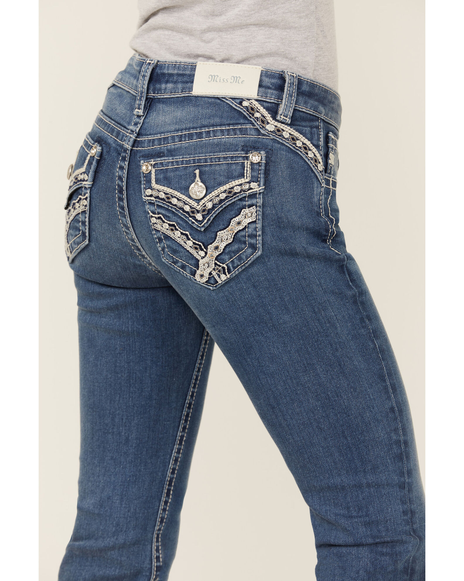 Image #2 - Miss Me Girls' Medium Wash Crisscross Faux Flap Pocket Bootcut Stretch Denim Jeans, Blue, hi-res