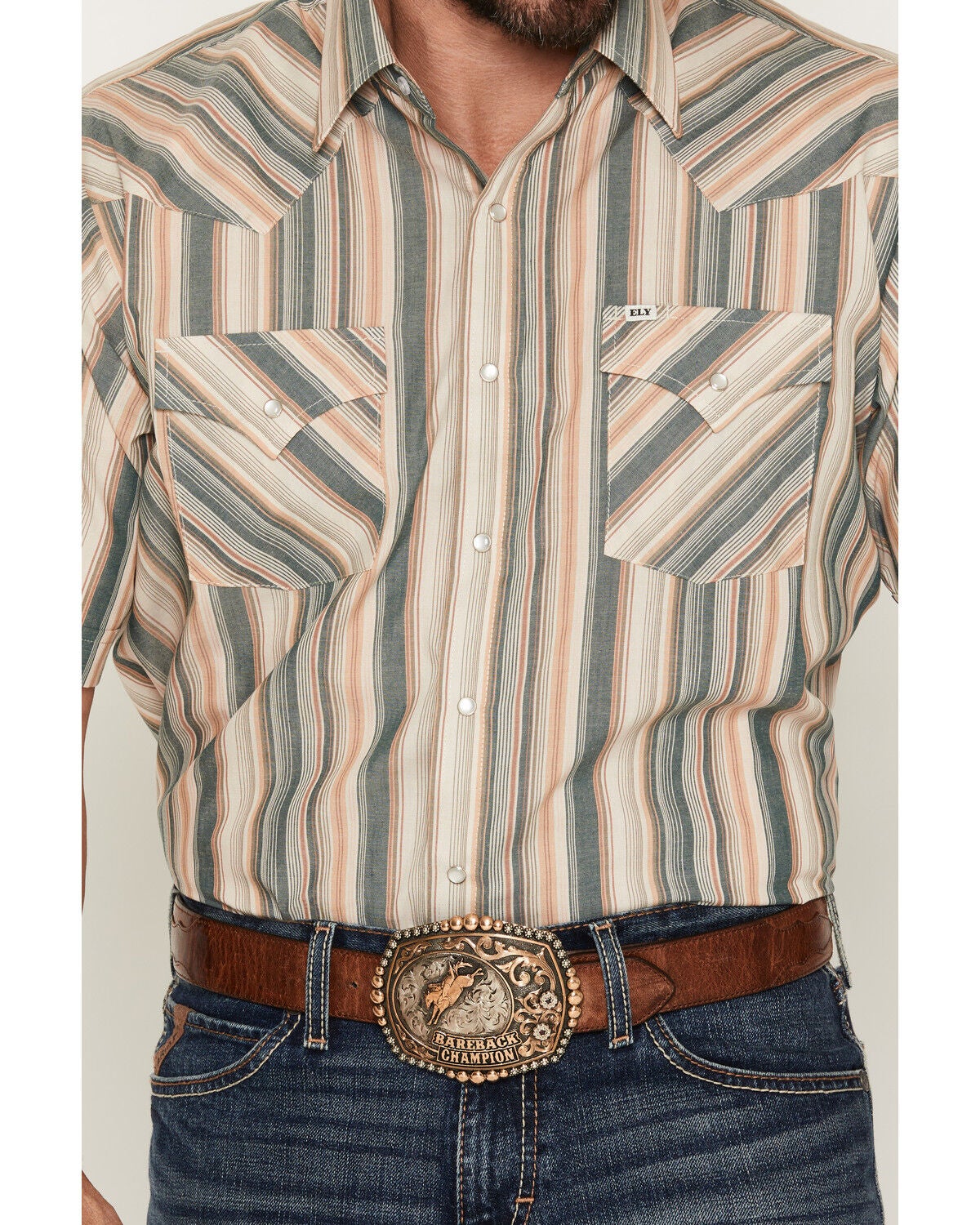 Image #3 - Ely Walker Men's Striped Short Sleeve Pearl Snap Western Shirt, Cream, hi-res
