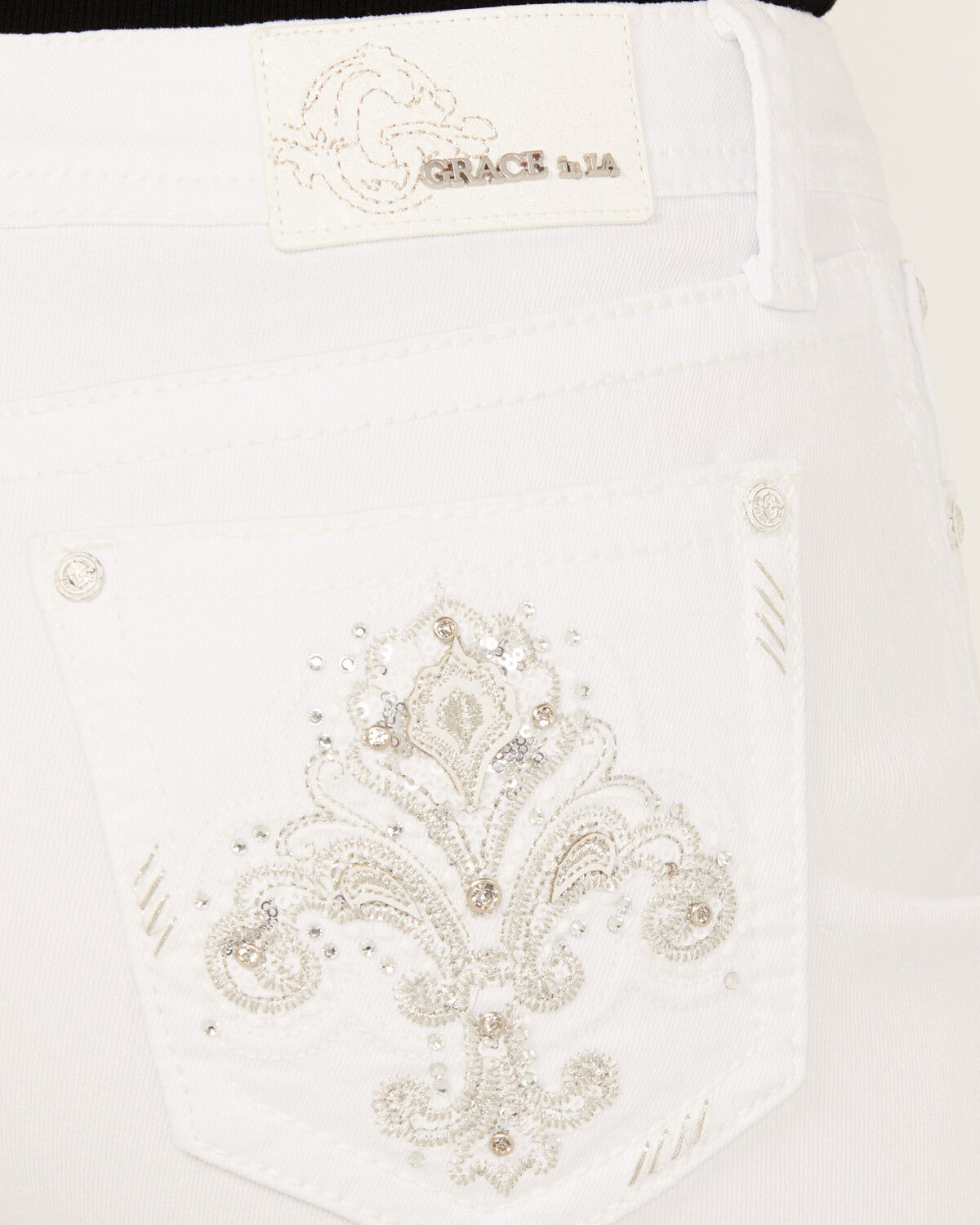 Image #2 - Grace In LA Women's Fleur De Lis Pocket Mid Rise Bootcut Stretch Denim Jeans, White, hi-res