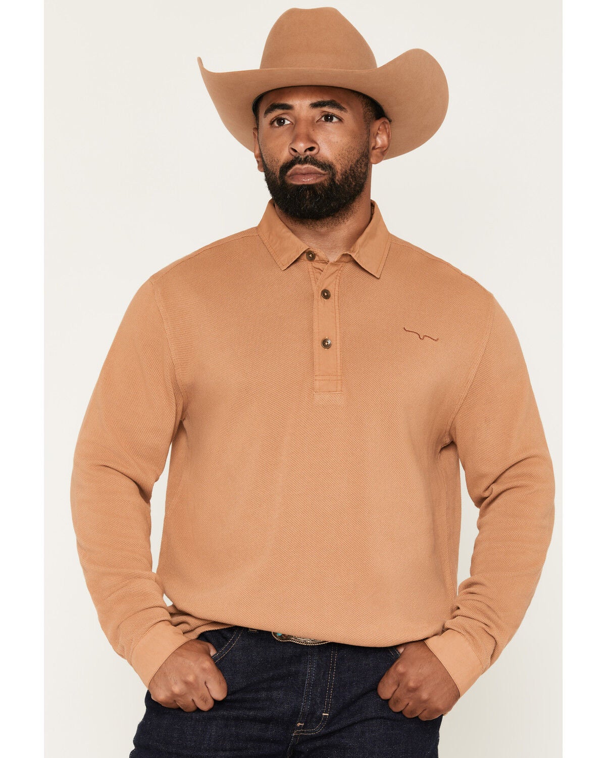 Kimes Ranch Men's Rockaway Long Sleeve Button-Down Polo Shirt, Tan, hi-res