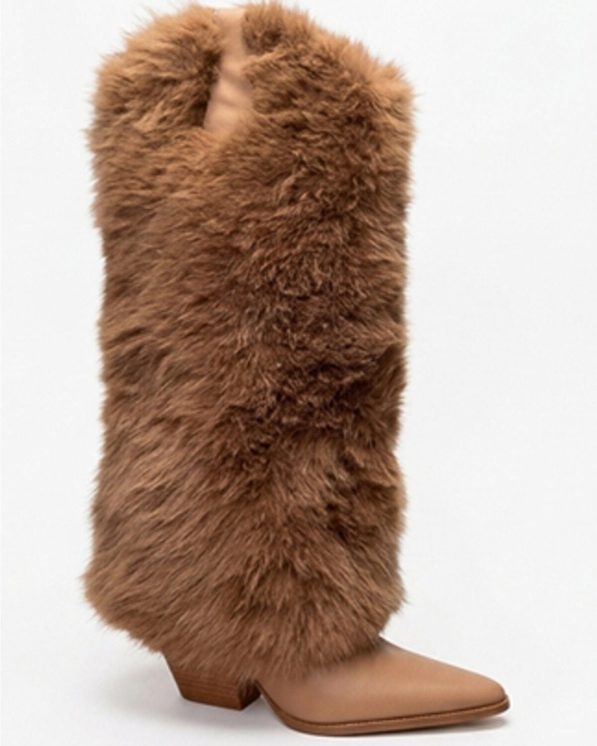 Azalea Wang Women's Friata Fur Overlay Western Boots - Round Toe, Taupe, hi-res