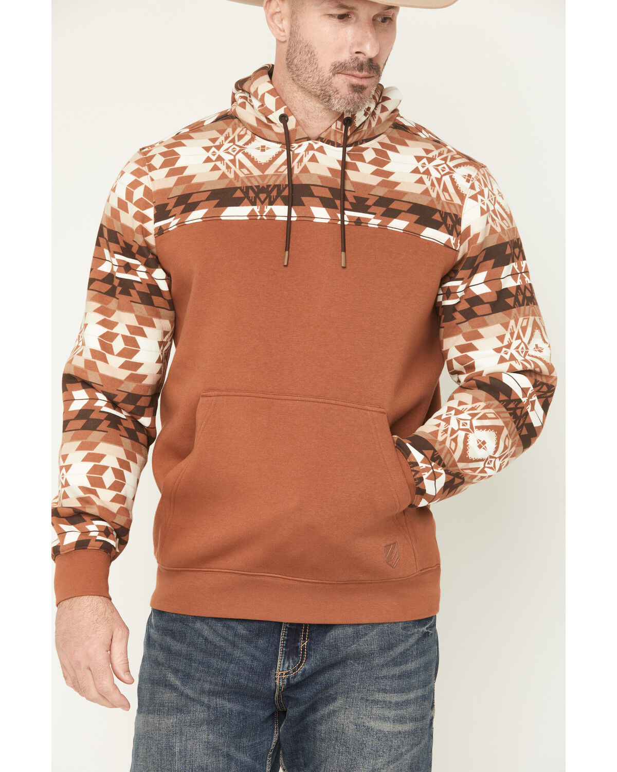 Image #3 - RANK 45® Men's Dusted Southwestern Print Color Block Hooded Sweatshirt, Cognac, hi-res
