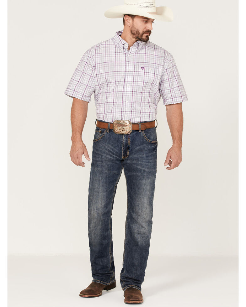 George Strait By Wrangler Men's Plaid Short Sleeve Button-Down Western Shirt , Purple, hi-res