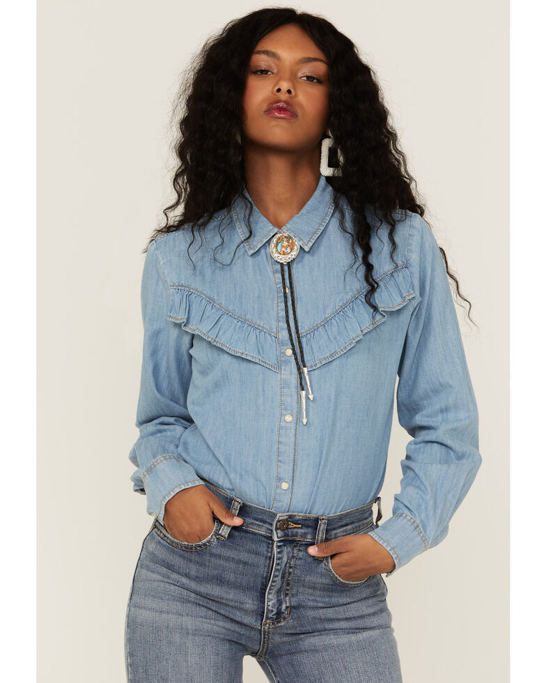Wrangler Women's Ruffle Your Denim Snap Shirt, Blue, hi-res