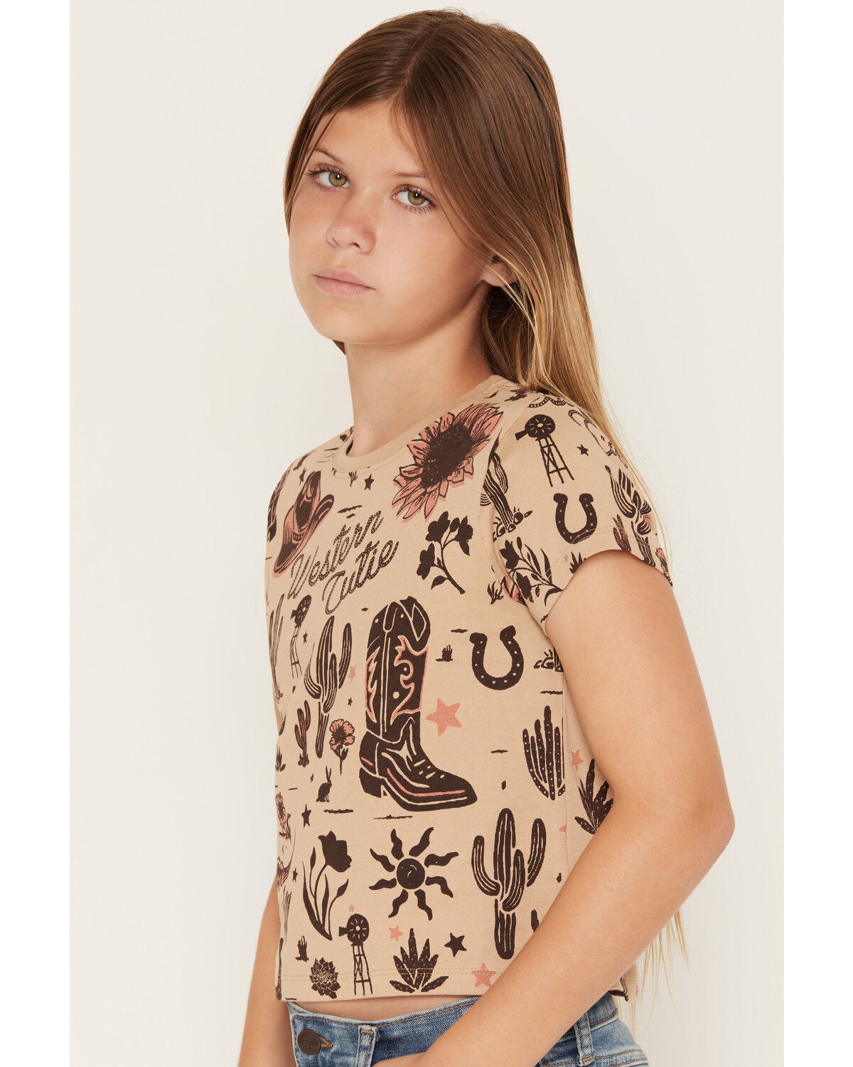 Image #2 - Shyanne Girls' Western Cutie Printed Short Sleeve Graphic Tee, Khaki, hi-res
