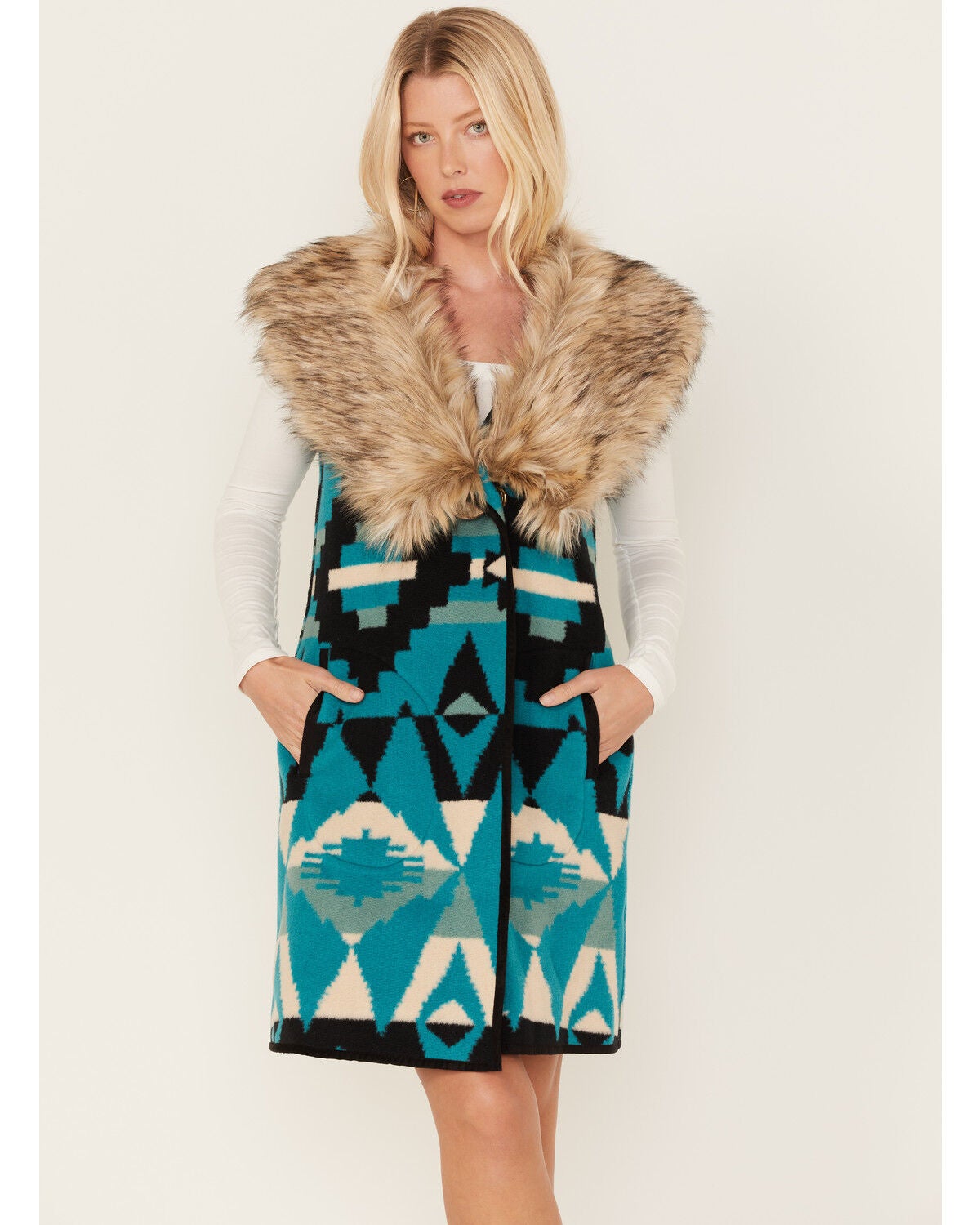 Tasha Polizzi Women's Southwestern Print Faux Fur Old Ranch Vest, Turquoise, hi-res