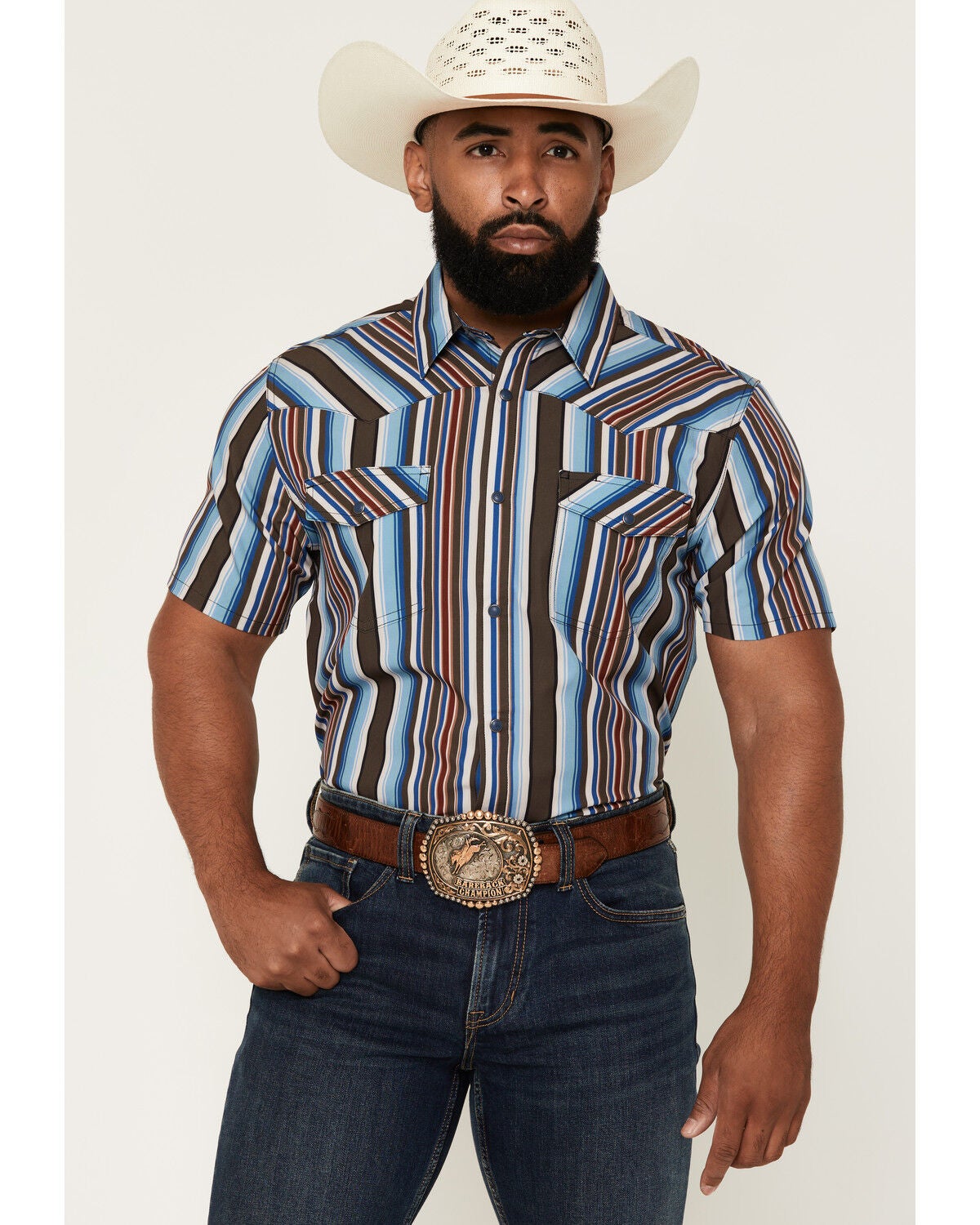 Image #1 - RANK 45&reg; Men's Rodeo Tech 2.0 Striped Print Short Sleeve Stretch Performance Shirt, Blue, hi-res