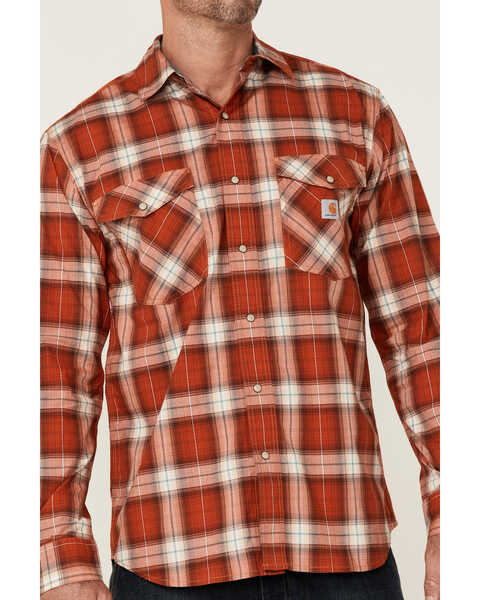 Carhartt Men's Plaid Print Rugged Flex Relaxed Lightweight Long Sleeve Snap Western Flannel Shirt , Red, hi-res
