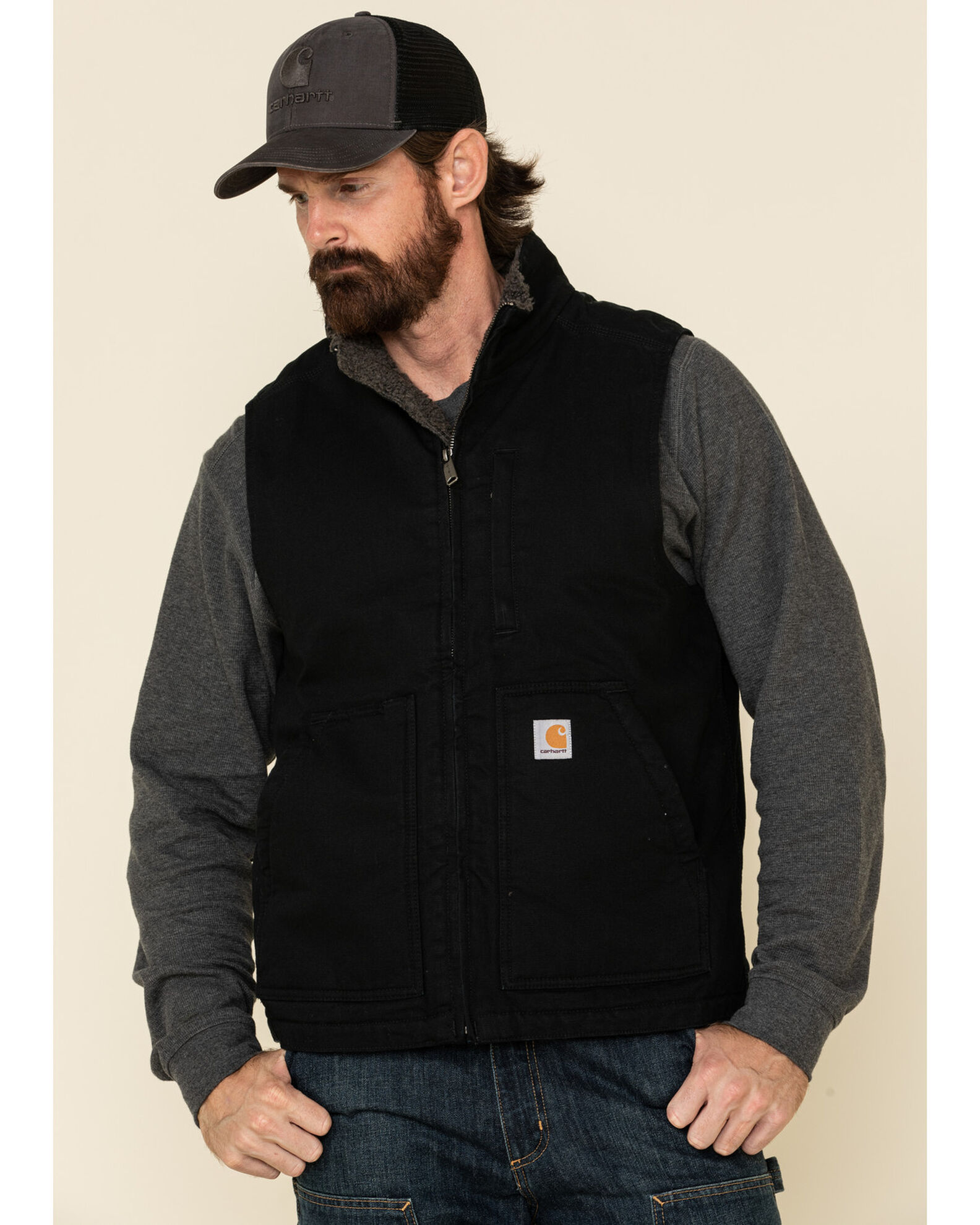 Image #1 - Carhartt Men's Black Washed Duck Sherpa Lined Mock Neck Work Vest - Big, Black, hi-res