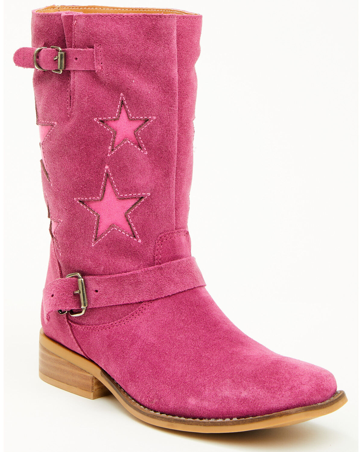 Image #1 - Dingo Little Girls' Blacklist Star Inlay Harness Boots - Square Toe, Pink, hi-res