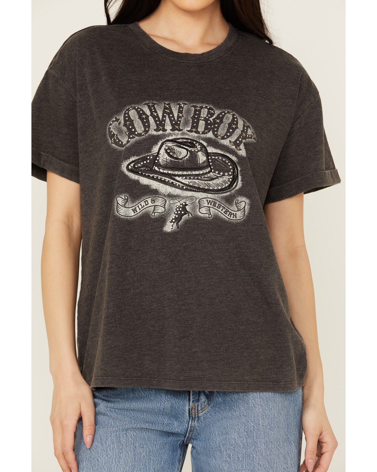 Image #3 - Blended Women's Cowboy Embroidered Graphic T-Shirt, Black, hi-res