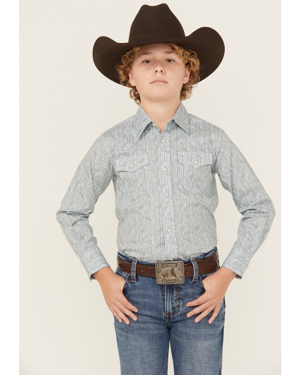 Wrangler 20X Boys' Paisley Print Long Sleeve Snap Stretch Western Shirt, Grey, hi-res