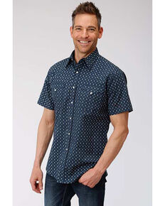 West Made Men's Web Geo Print Short Sleeve Western Shirt , Blue, hi-res