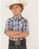 Image #1 - Cody James Boys' Plaid Print Short Sleeve Snap Western Shirt, Light Blue, hi-res