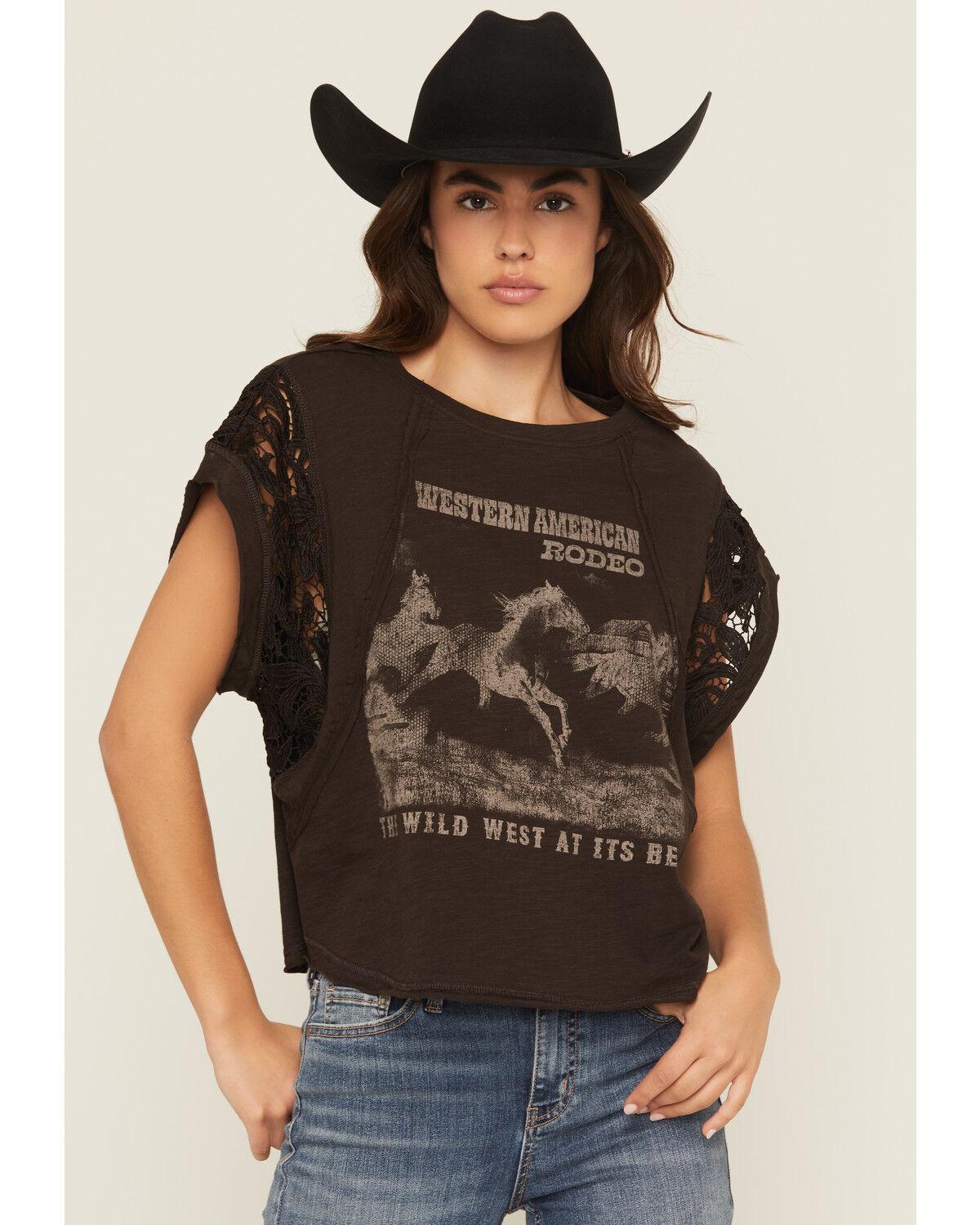 Image #1 - Originality Women's American Rodeo Lace Short Sleeve Graphic Tee, Brown, hi-res