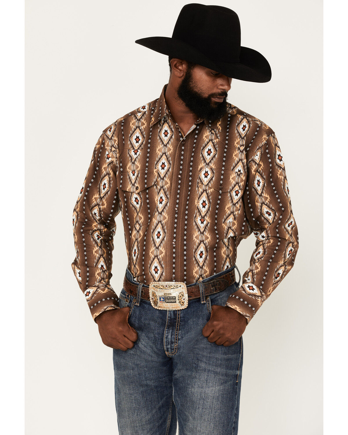 Image #1 - Wrangler Men's Checotah Southwestern Striped Long Sleeve Pearl Snap Western Shirt, , hi-res