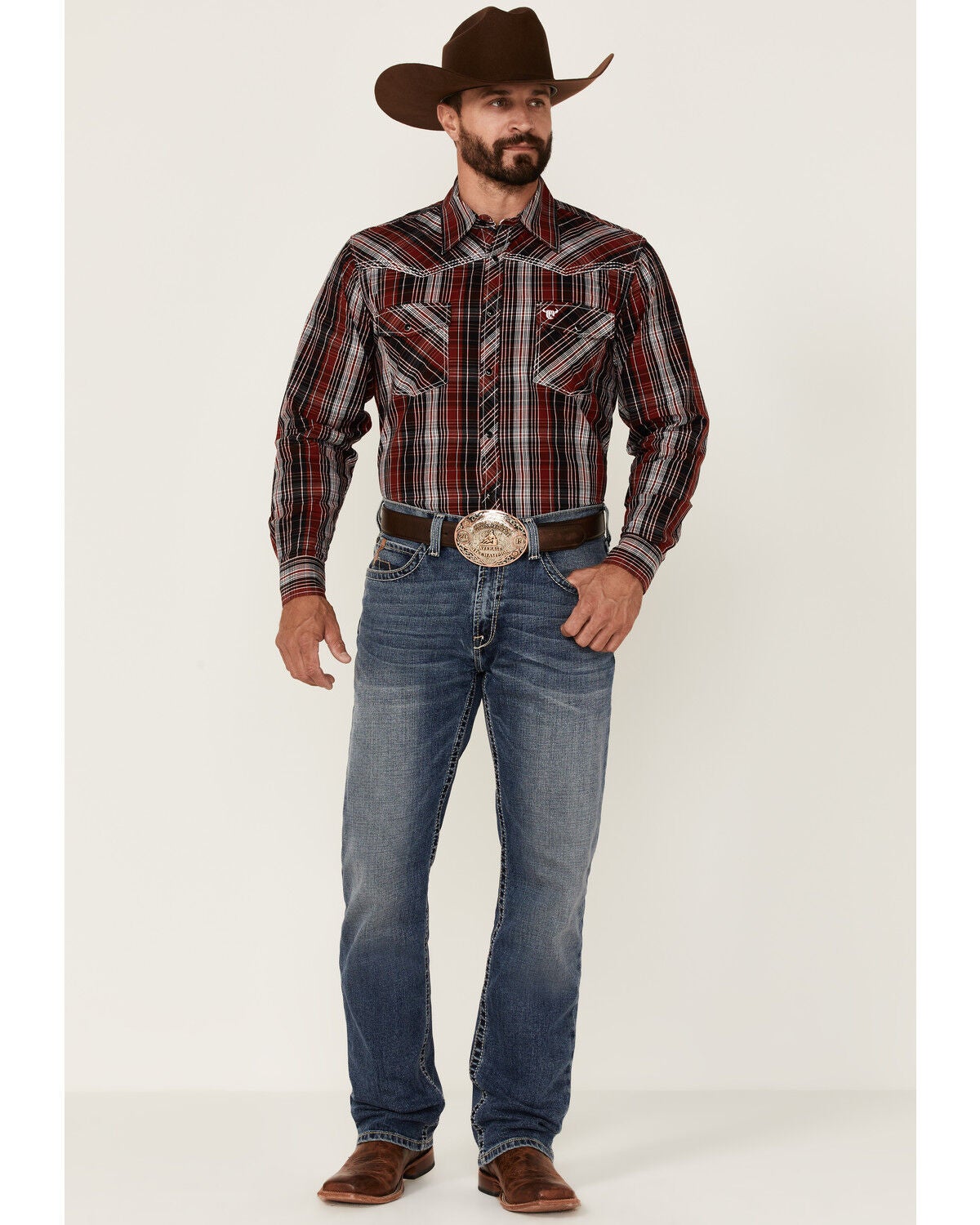 Image #2 - Cowboy Hardware Men's Multi Plaid Print Long Sleeve Snap Western Shirt, Red, hi-res