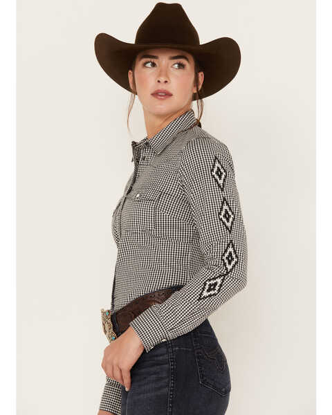 Image #2 - RANK 45® Women's Plaid Print Long Sleeve Embroidery Western Riding Snap Shirt, Black, hi-res