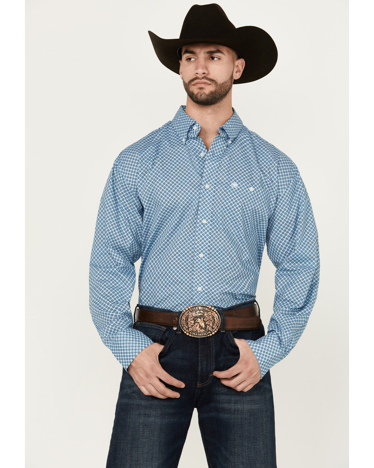 Image #1 - Wrangler Men's Classic Geo Print Long Sleeve Button-Down Western Shirt, Blue, hi-res