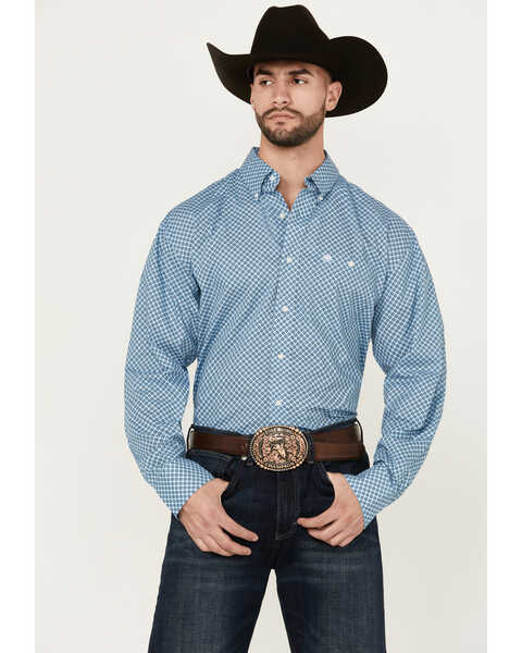 Image #1 - Wrangler Men's Classic Geo Print Long Sleeve Button-Down Western Shirt , Blue, hi-res