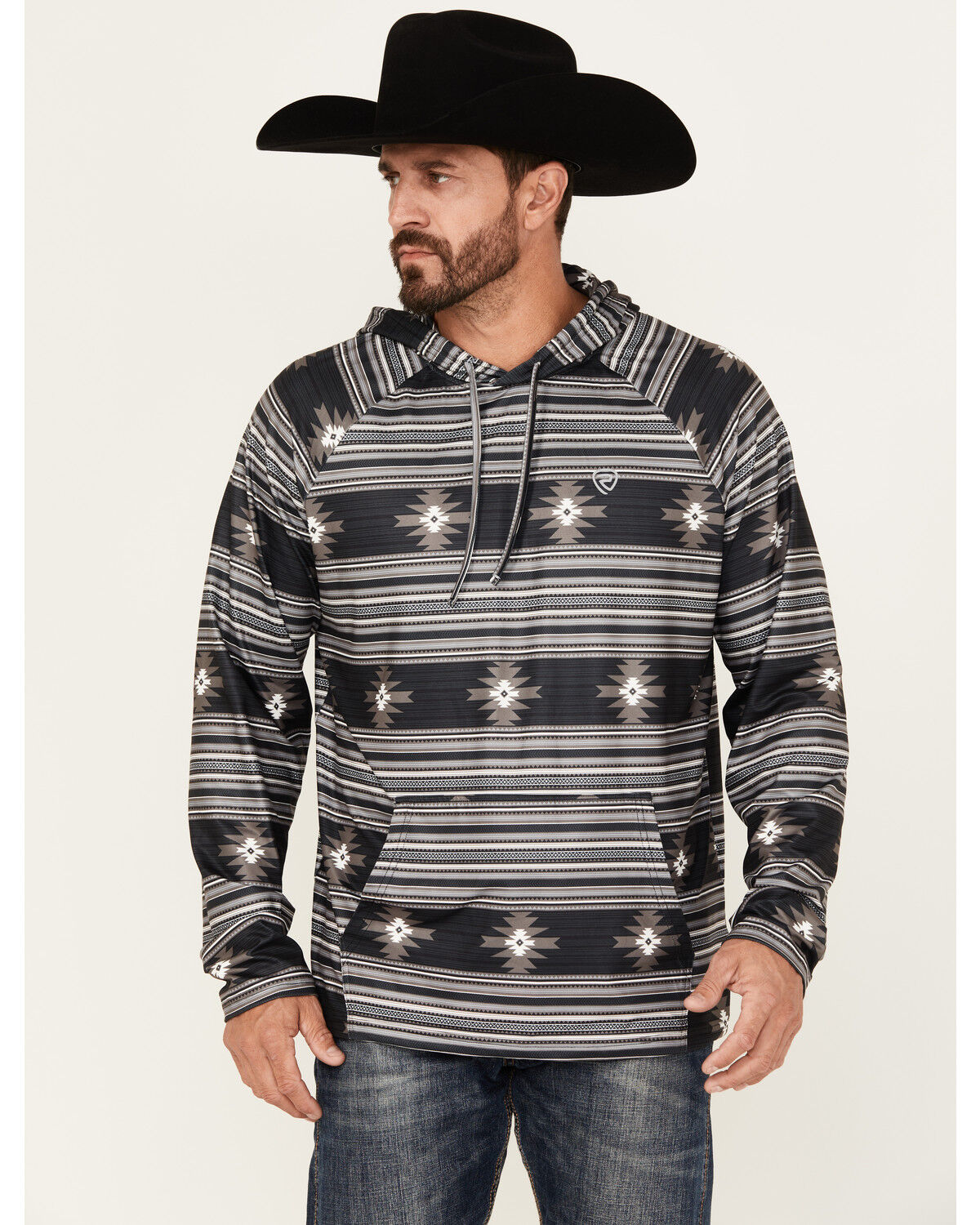 Image #1 - Rock & Roll Denim Men's Southwestern Print Hooded Sweatshirt, Black, hi-res